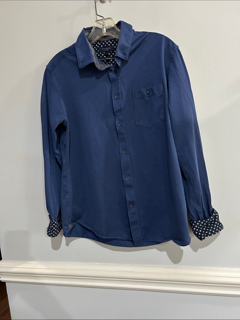 Ted Baker Men’s Dark Blue Button-Down Shirt with Polka Dot Trim